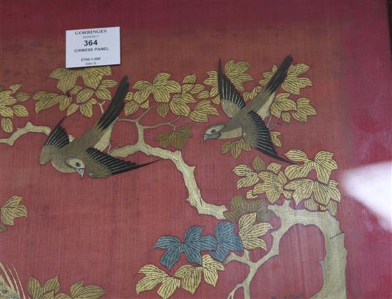 A Chinese embroidered silk bird panel, 101 x 44cm, framed